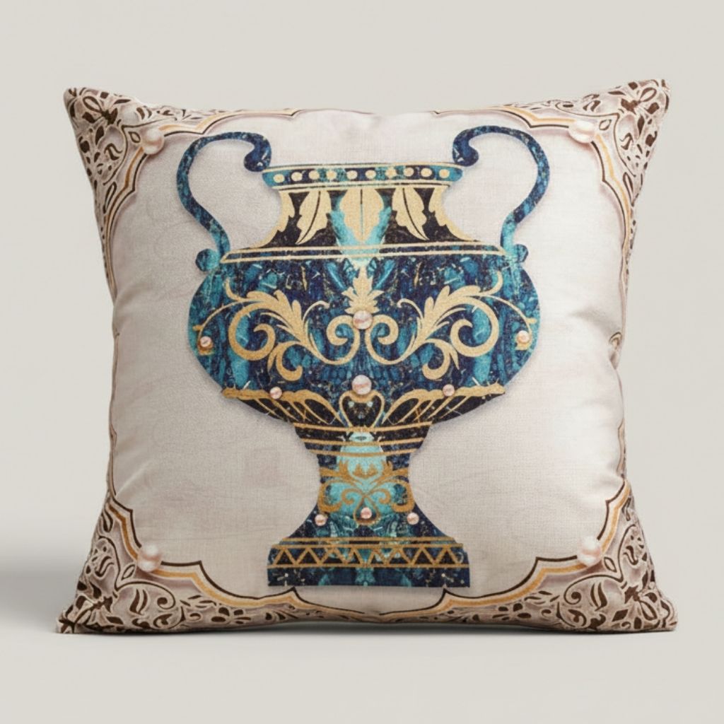 Classical amphora pillow cover linen fabric ancient greek ornamental urn blue gold design
