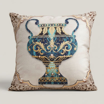 Classical amphora pillow cover linen fabric ancient greek ornamental urn blue gold design