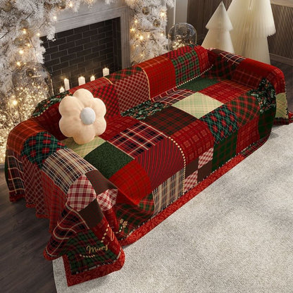 Patchwork Christmas throw blanket with chenille texture detail