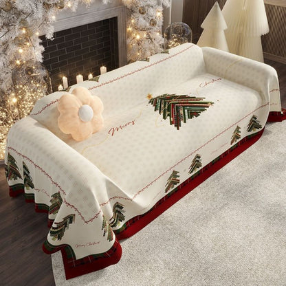 Red and green Christmas sofa cover with patchwork pattern