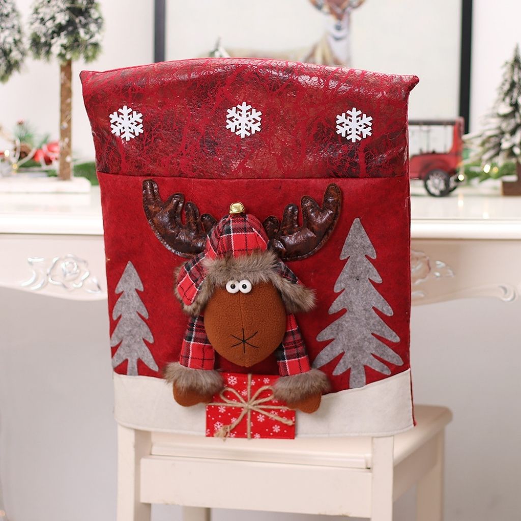 Brown reindeer cartoon chair cover with antlers for Christmas dining