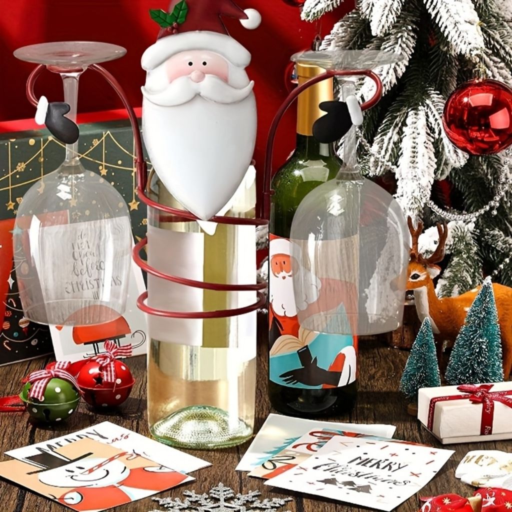 Wine glass stem wrapped in red fabric with white fluffy trim and gold accents