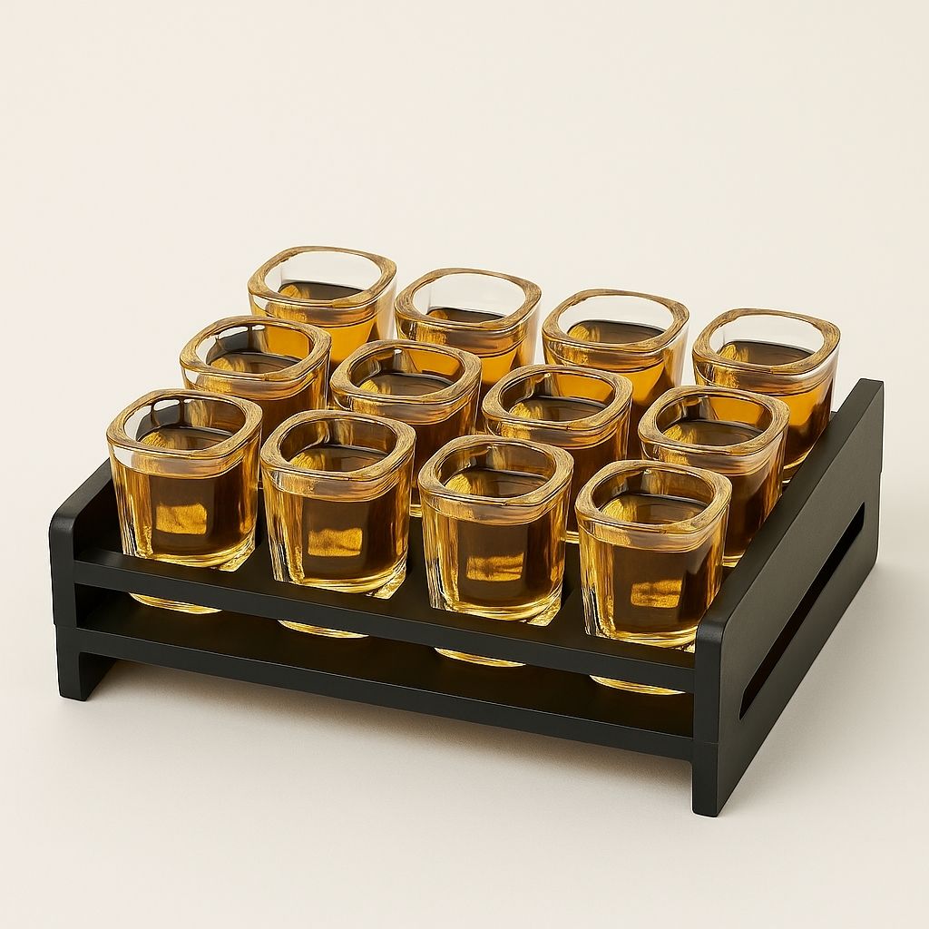 Crystal shot glass set with wooden rack organizer for stylish bar storage and display
