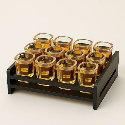 Crystal shot glass set with wooden rack organizer for stylish bar storage and display