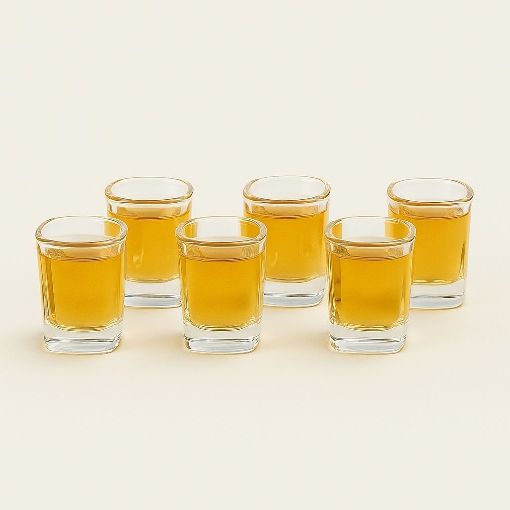 Luxury crystal shot glass collection with elegant wooden display rack for premium spirits


