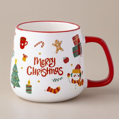 Christmas ceramic mug with red handle and festive holiday icons 400ml