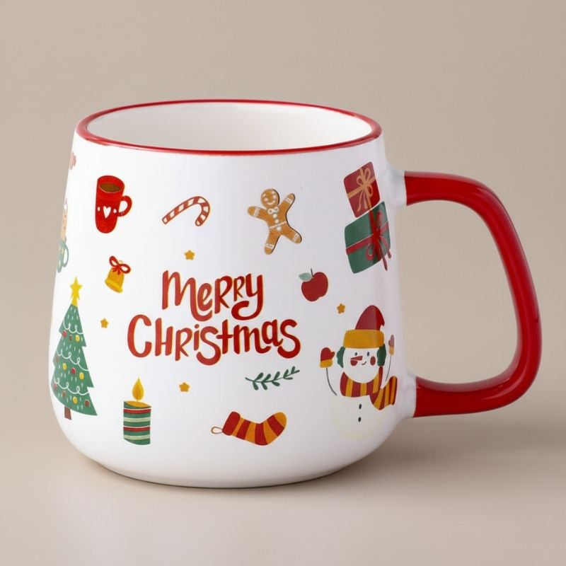 Christmas ceramic mug with red handle and festive holiday icons 400ml