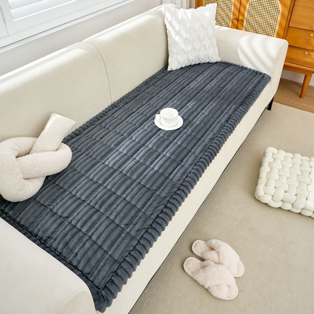  Fleece lined sofa cushion cover with quilted texture and anti slip backing for winter comfort