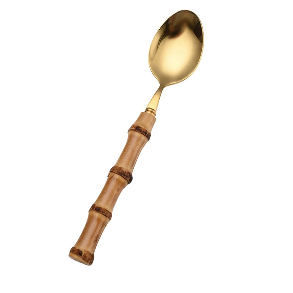  Natural bamboo cutlery set featuring ergonomic handles and mirror-polished stainless steel finish