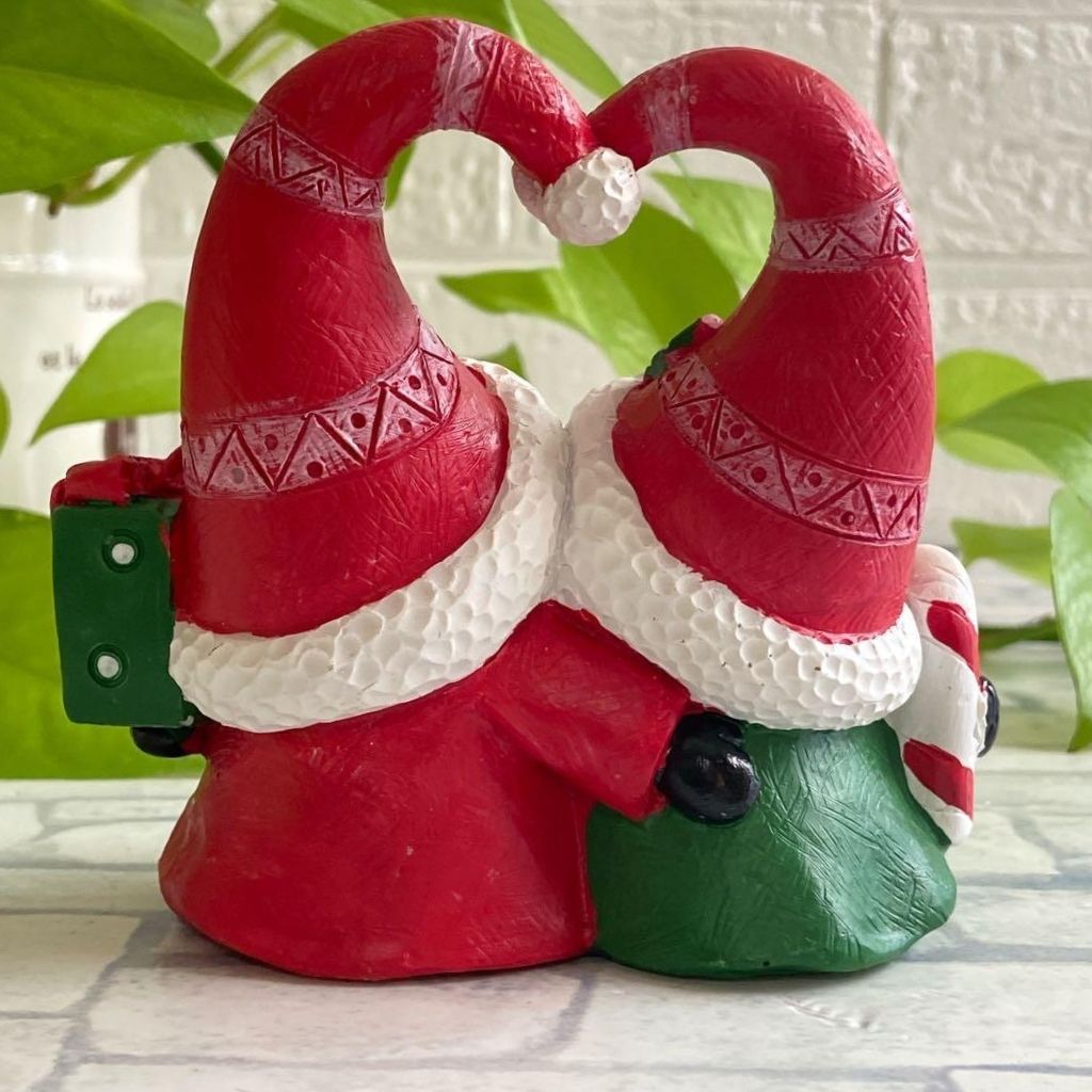 Desktop holiday decor with gnome couple and heart shaped base