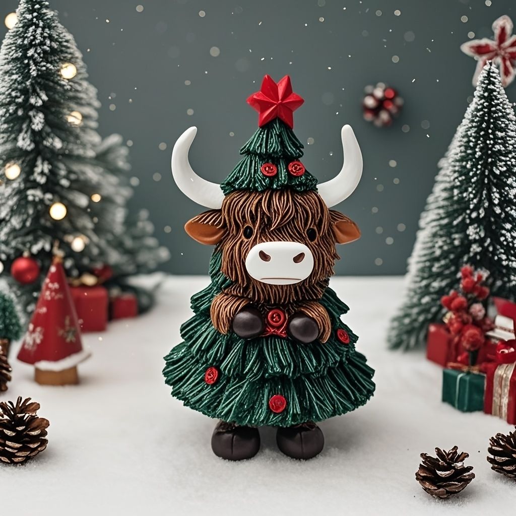 Rustic resin figurine of cattle wearing festive holiday tree costume