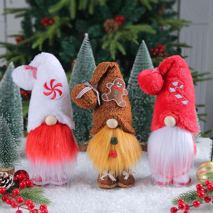 Faceless Christmas gnome with layered fabric body and gingerbread details front view