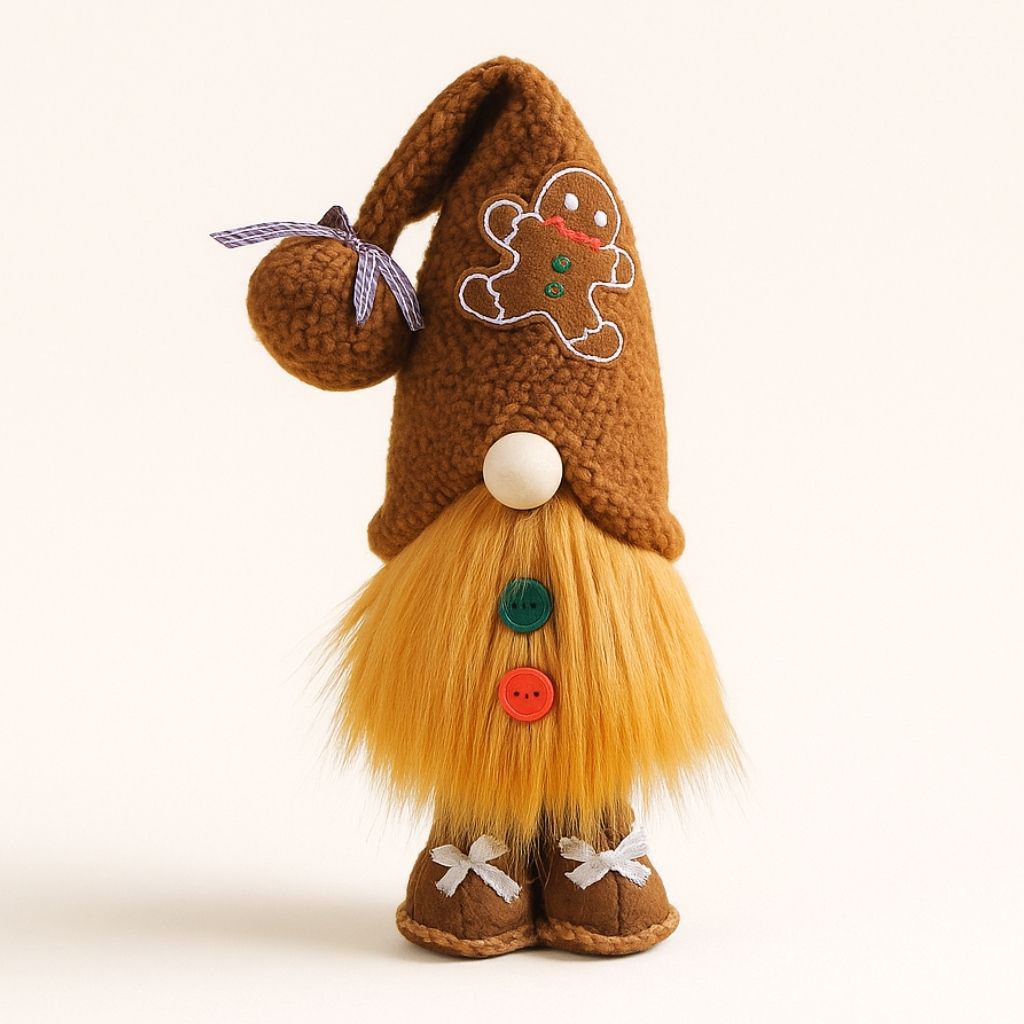 Faceless gnome figurine with candy embroidery and tall textured hat close up