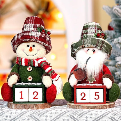 Wooden block calendar attached to cloth Christmas doll with red and white festive outfit
