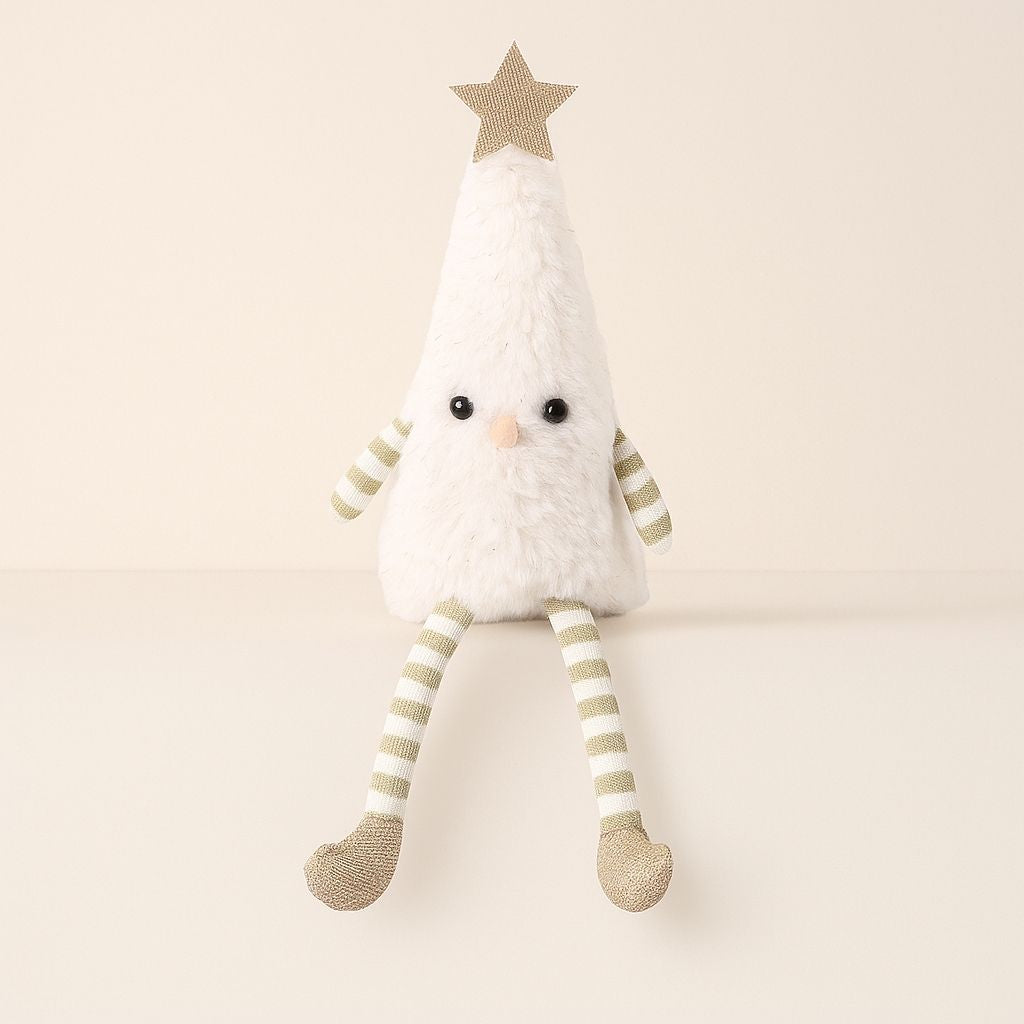Soft fabric tree figure with yellow star and red white striped legs
