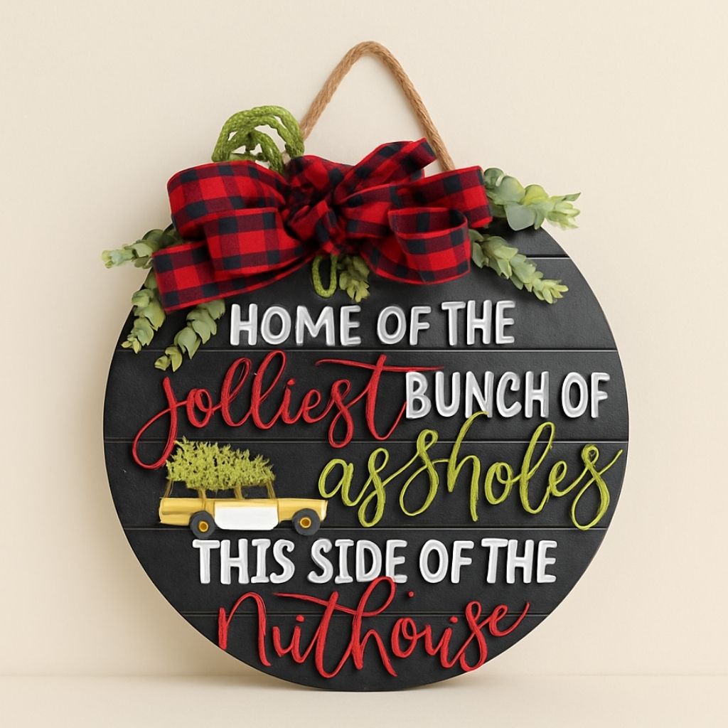 Festive wooden door sign with personalized name for holiday front door decoration