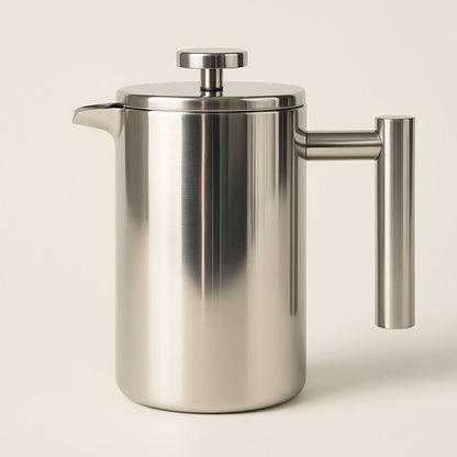 Stainless steel French press on a beige background