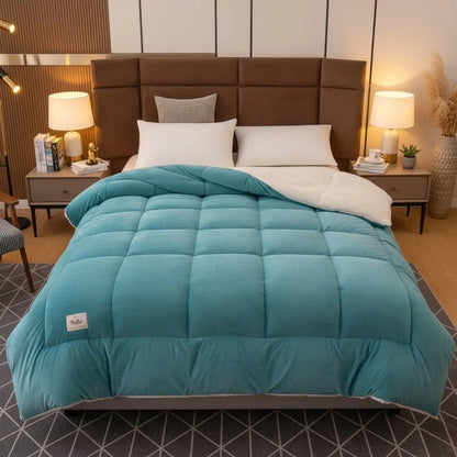 Velvet bed cover with plush fill and quilted texture for cozy bedroom setup