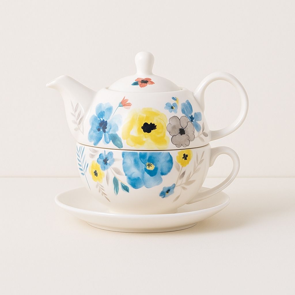 Ceramic Tea for One Set - Floral Porcelain Teapot & Cup