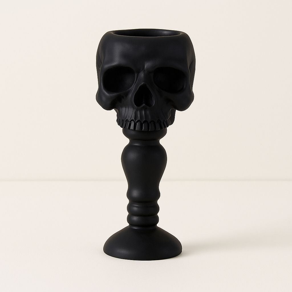 Textured resin skull candle holder side view - gothic Halloween decoration with detailed bone-like finish