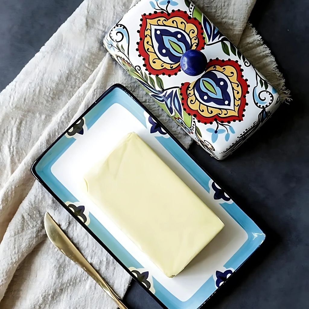  Ceramic butter dish lid featuring intricate floral patterns and European-inspired decorative details.