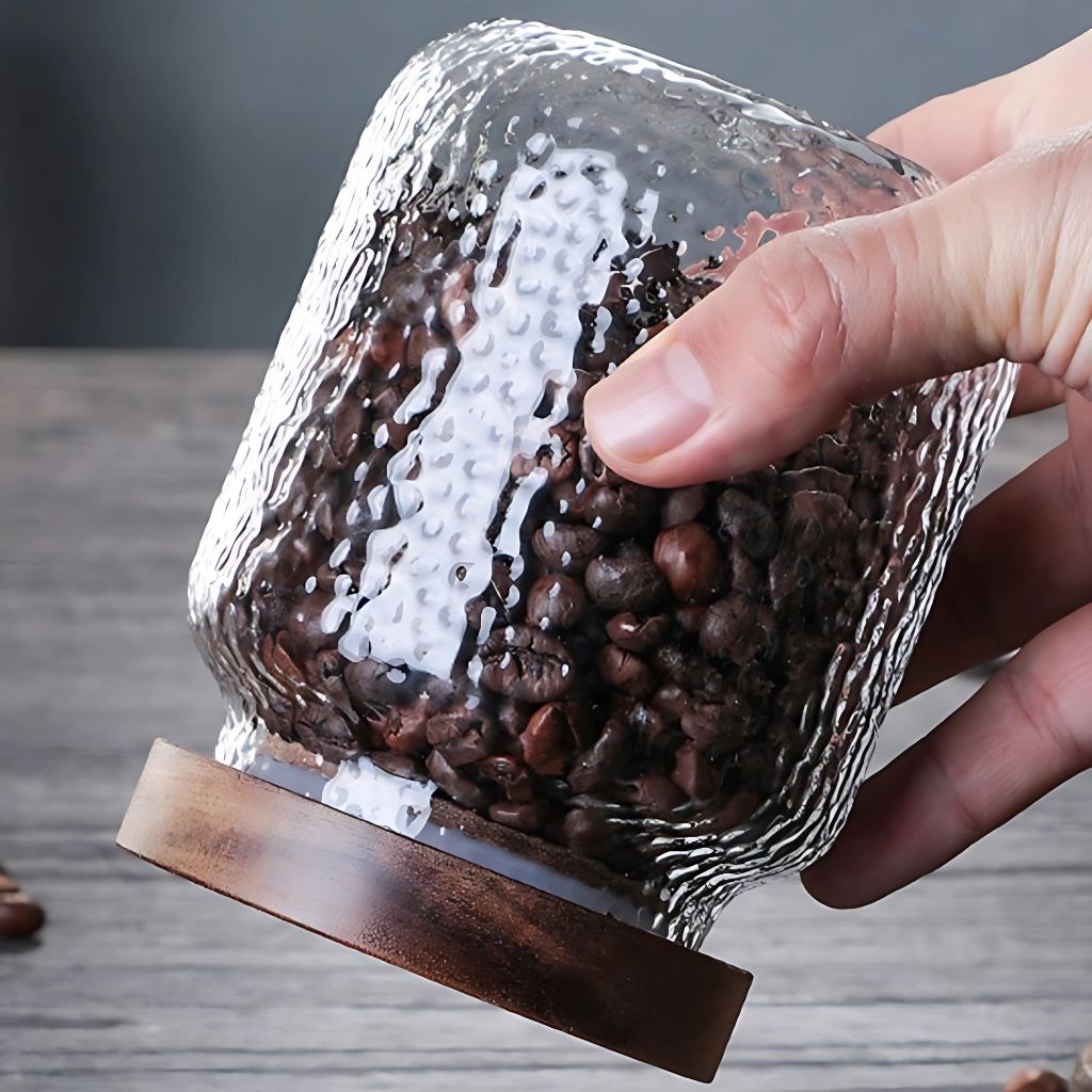  300ml glass container with acacia wood lid ideal for coffee and tea storage