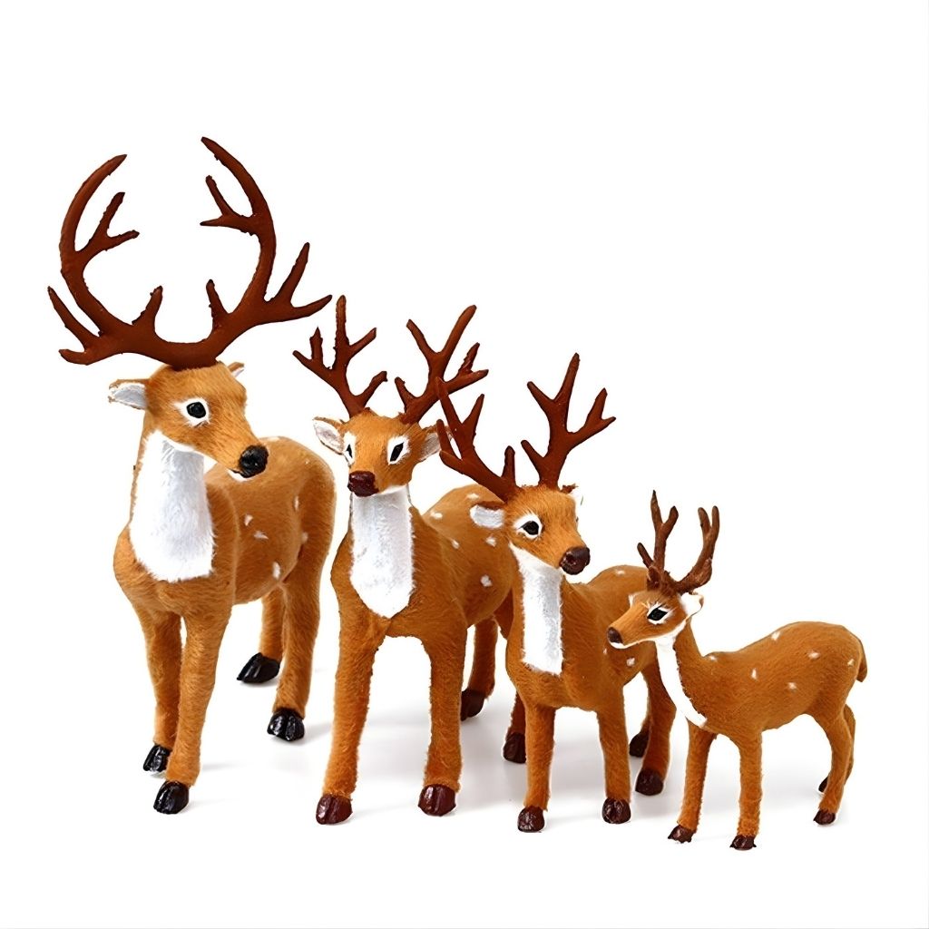 White flocked deer figurine with realistic antler detail on natural wood base for seasonal styling