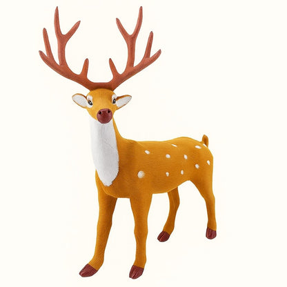 Flocked deer figurine with soft white finish on wooden surface for Christmas tabletop display