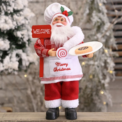 Standing Santa ornament from behind with visible clothing texture and holiday props