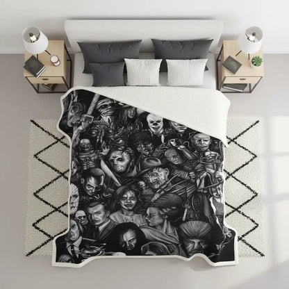 Close up horror character print on soft cotton fleece blanket showing detailed dramatic artwork