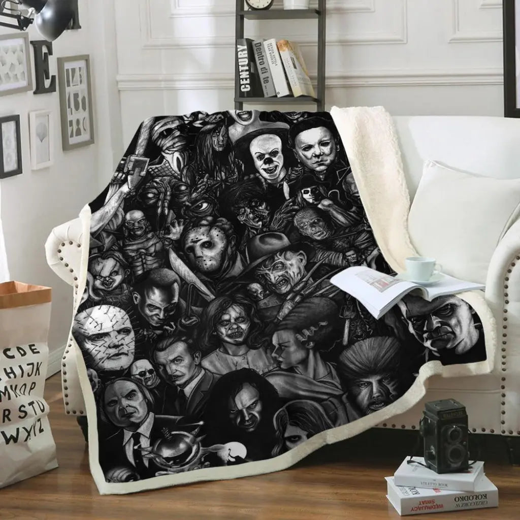 Horror fleece throw blanket draped on sofa for cozy living room seating and dark home decor