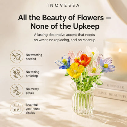 Decorative flowers in a vase with Inovessa branding and product features listed.