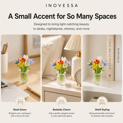 Inovessa product advertisement with small floral arrangements in clear vases on various surfaces.