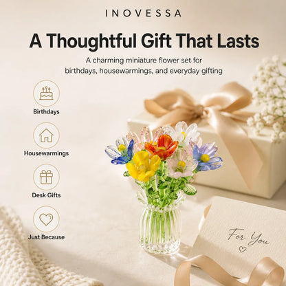 Inovessa flower set packaging with flowers in a vase and gift box on a light background