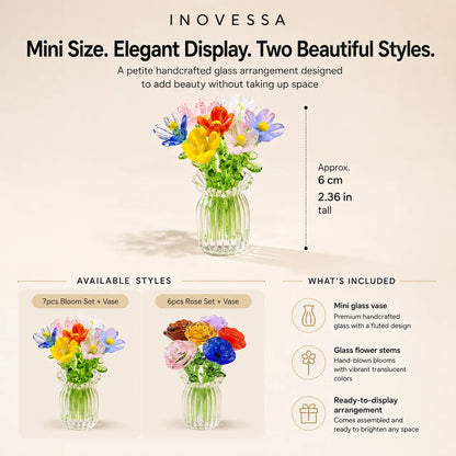 Inovessa mini glass flower arrangements with product details on a beige background