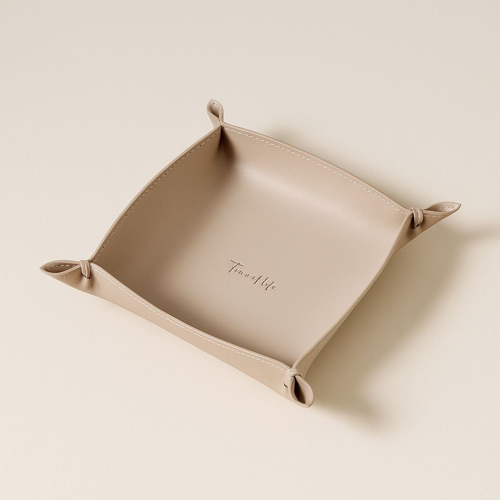 remium faux leather storage tray with snap corners for organizing jewelry, keys and office supplies on desk