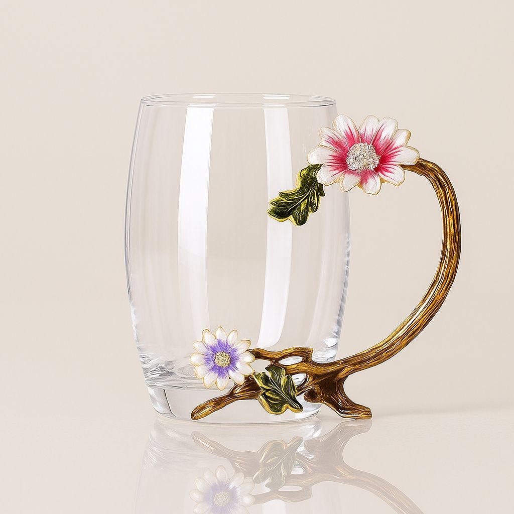  Clear glass tea cup with hand-painted botanical design and metallic gold accent handle