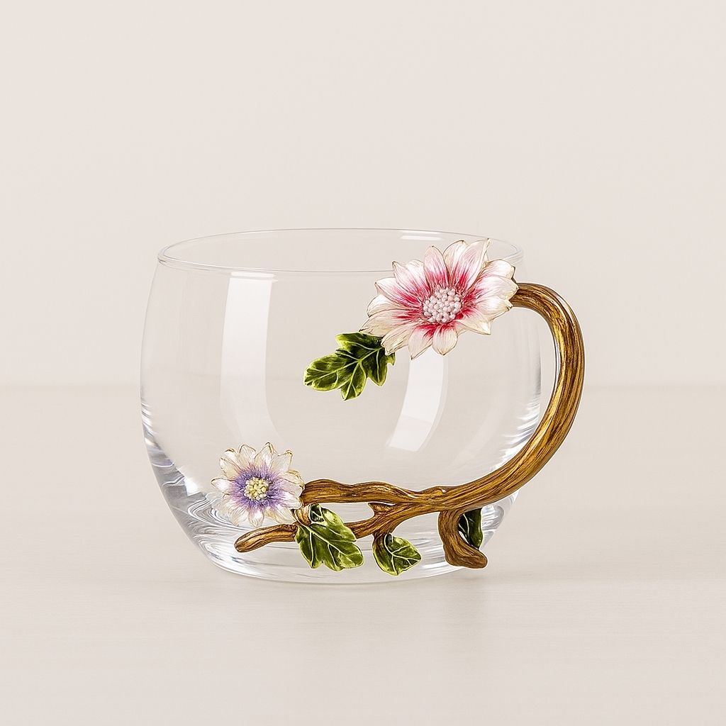Crystal glass tea cup with hand-painted enamel flowers and gold handle for hot beverages