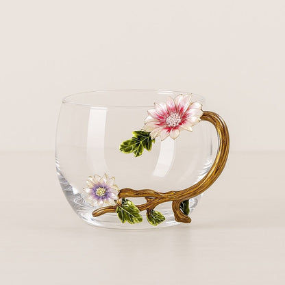 Crystal glass tea cup with hand-painted enamel flowers and gold handle for hot beverages