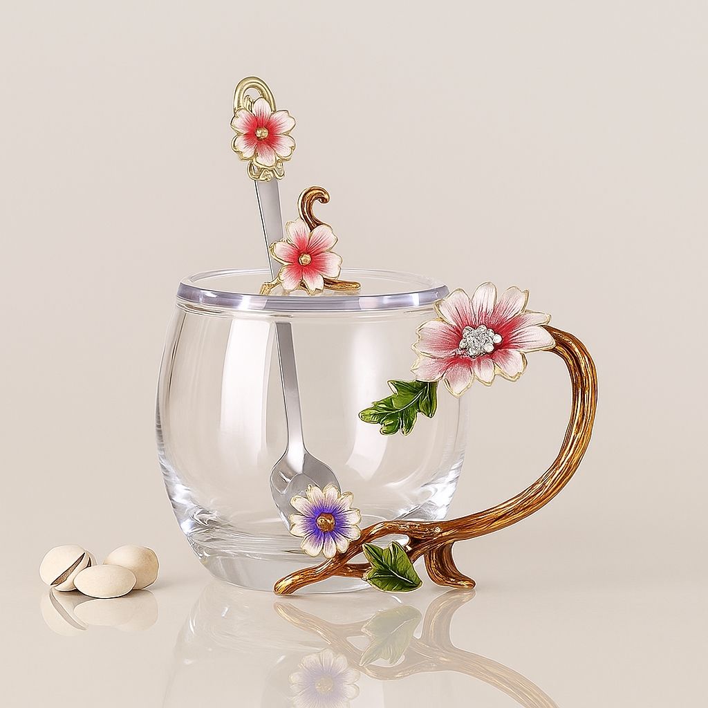  Heat-resistant crystal glass cup with decorative flower pattern and elegant gold handle