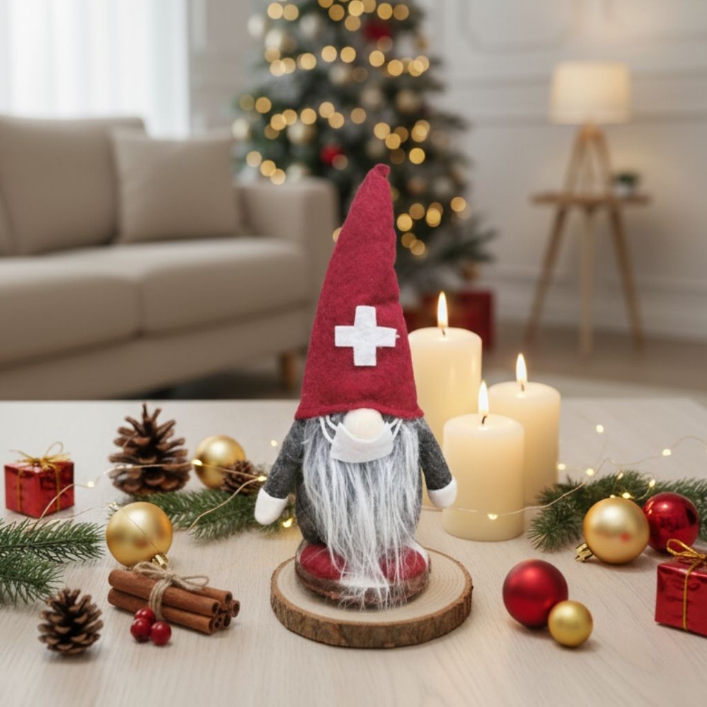 Winter gnome decoration profile view with red hat and white fur beard