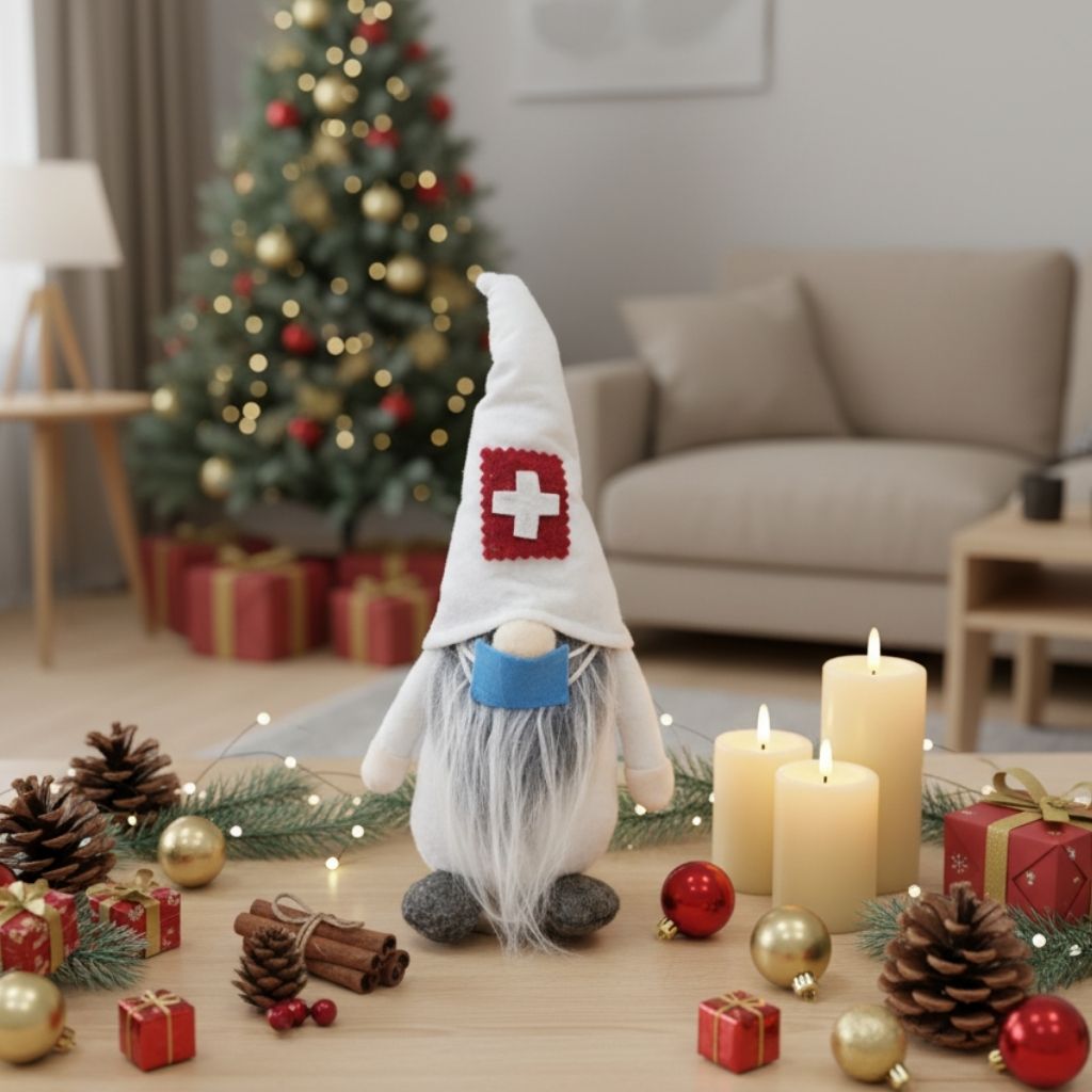 Holiday gnome figurine featuring long white beard and traditional red cap