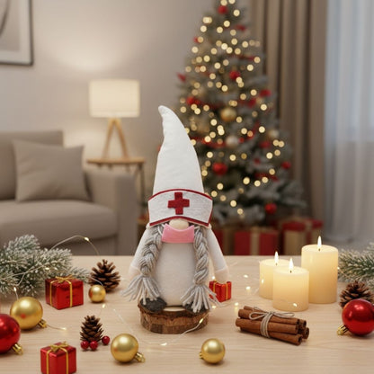Scandinavian Christmas gnome with fluffy white beard and pointed red hat