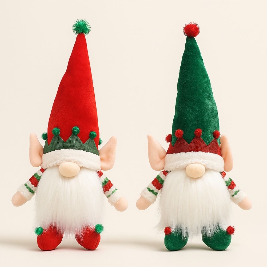 Christmas gnome decoration with glowing beard and red fabric hat standing upright