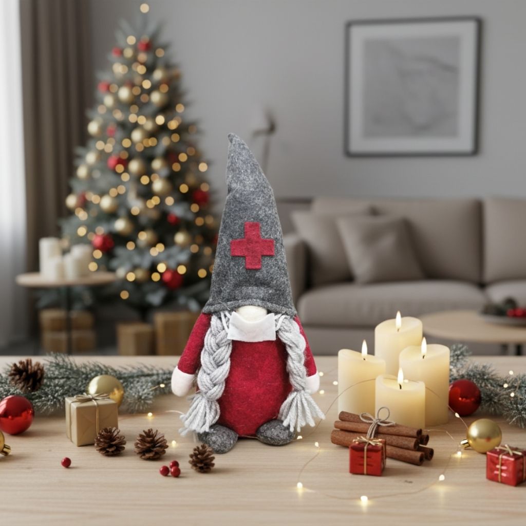 Festive Nordic gnome with white fur beard and red fabric hat