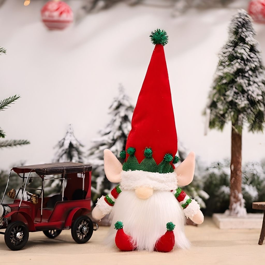 Christmas gnome with pointed hat and artificial wool beard glowing for holiday display