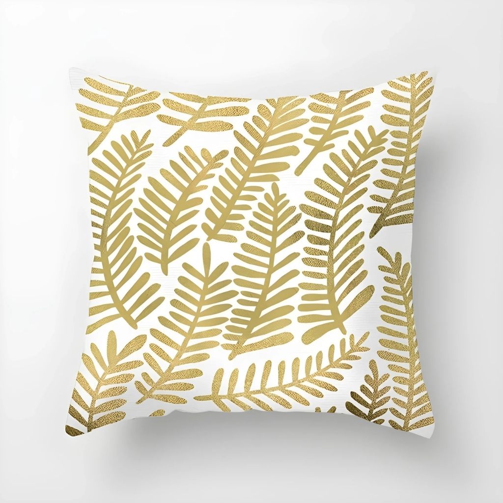 Metallic gold geometric pillow cover with soft peach-skin texture, luxury home decor accent piece