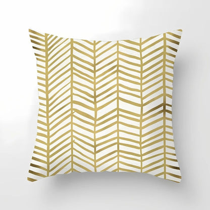 Geometric gold decorative pillow cover with metallic pattern, modern accent cushion for interior design