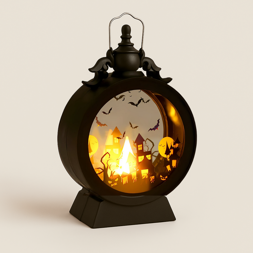 Compact 9.5×15cm Halloween lantern with LED lighting, lightweight portable design for easy indoor placement