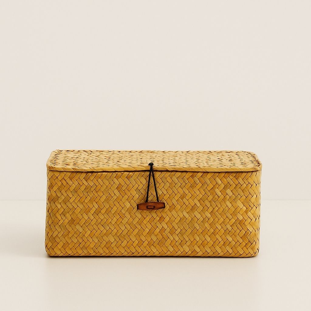 Handmade seaweed storage basket rectangular woven design with secure lid for home organization 